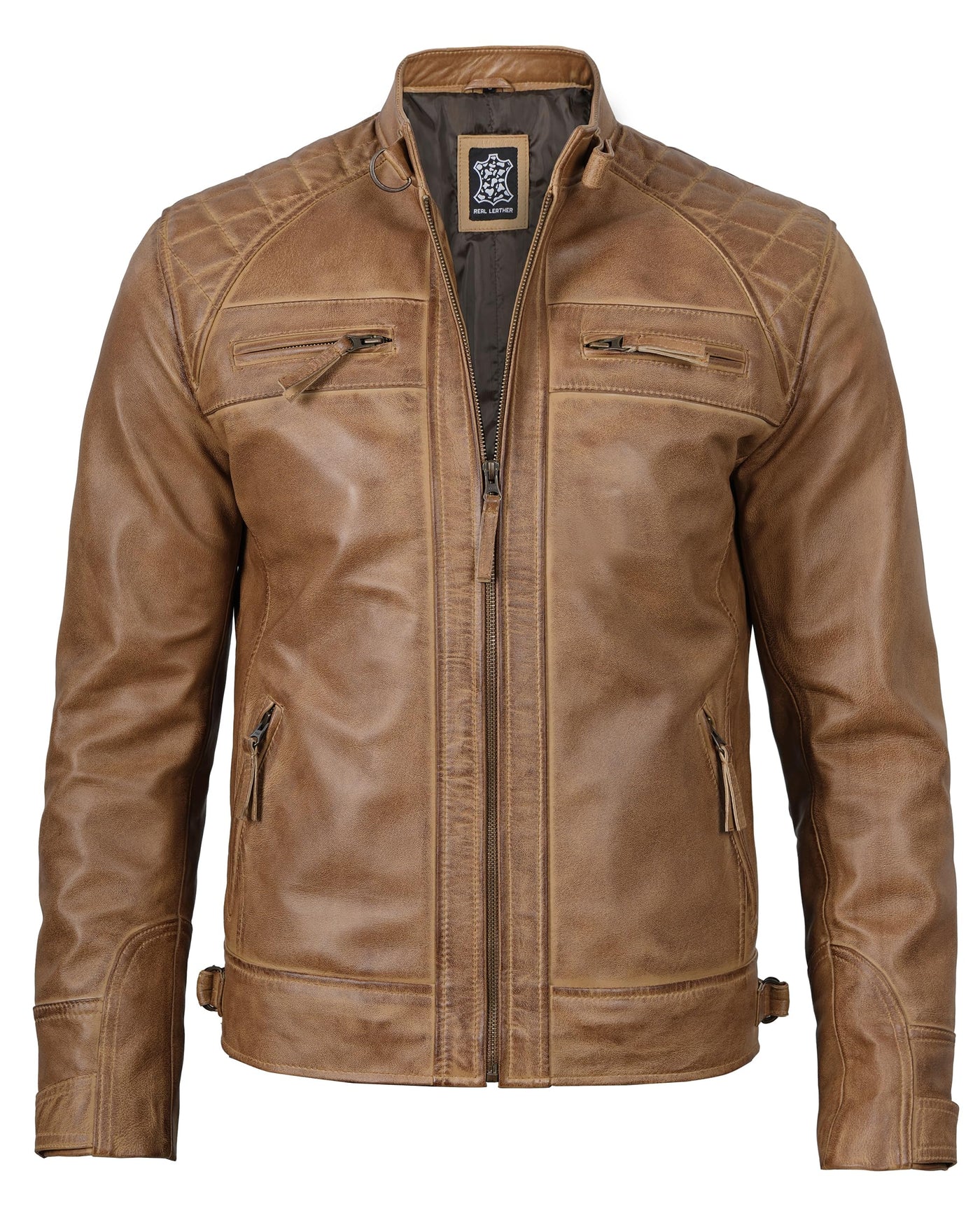 Decrum Leather Jacket Men - Real Lambskin Cafe Racer Biker Style Casual Leather Jackets For Mens XX-Large Camel - Diamond 1