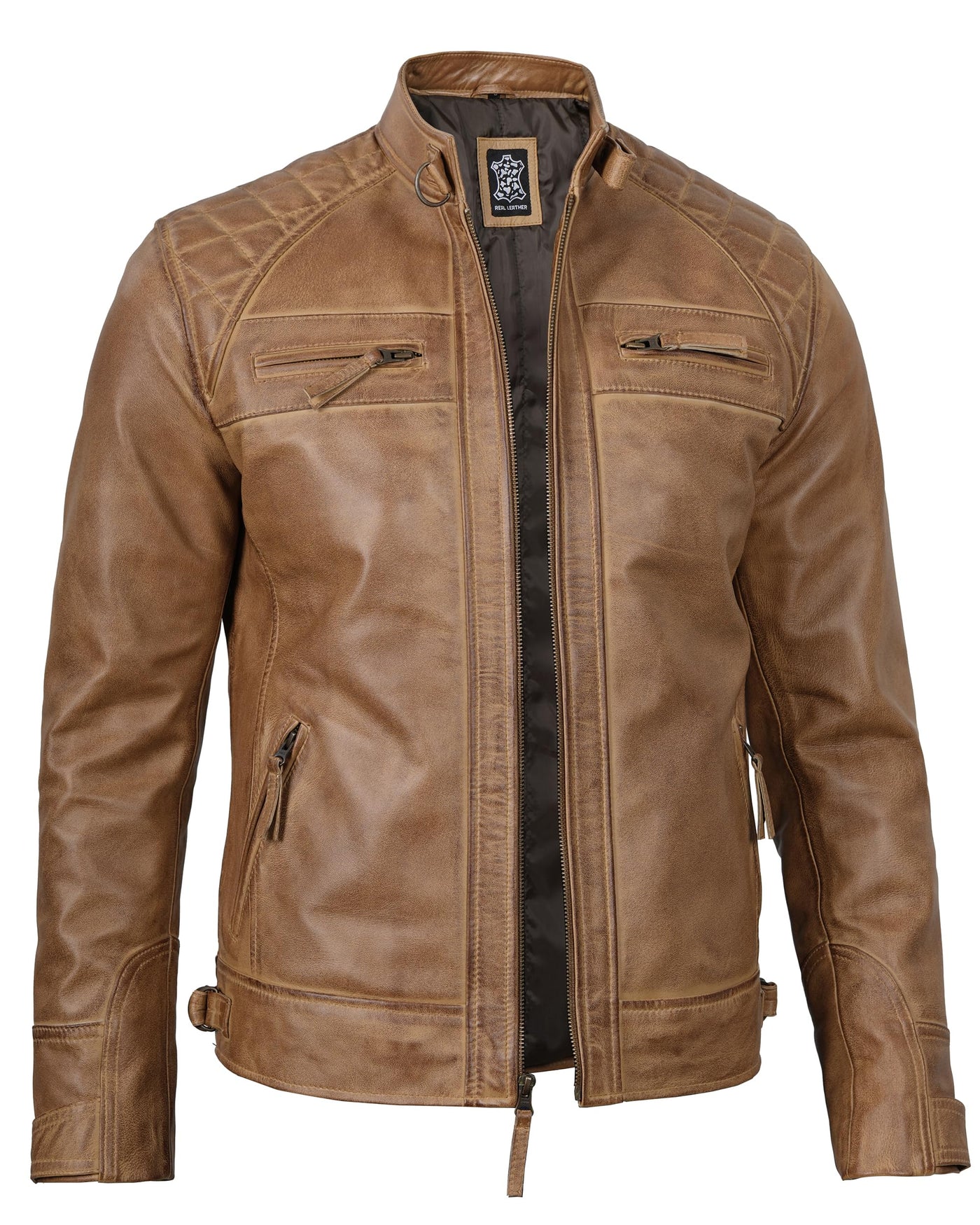 Decrum Leather Jacket Men - Real Lambskin Cafe Racer Biker Style Casual Leather Jackets For Mens XX-Large Camel - Diamond 1