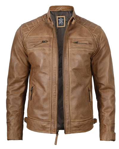 Decrum Leather Jacket Men - Real Lambskin Cafe Racer Biker Style Casual Leather Jackets For Mens XX-Large Camel - Diamond 1