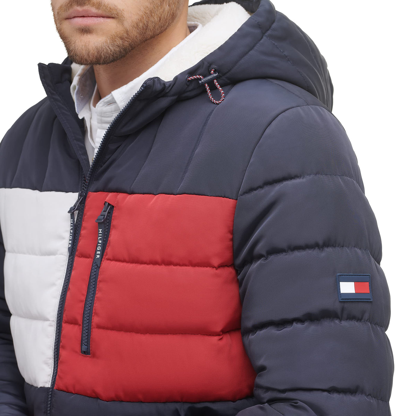 Tommy Hilfiger Men's Midweight Sherpa Lined Hooded Water Resistant Puffer Jacket, Tommy Flag Combo Tech, Medium