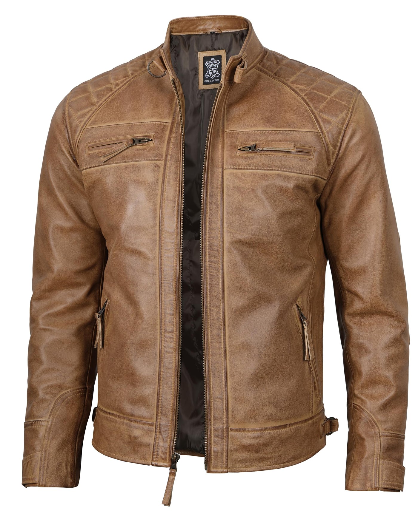 Decrum Leather Jacket Men - Real Lambskin Cafe Racer Biker Style Casual Leather Jackets For Mens XX-Large Camel - Diamond 1